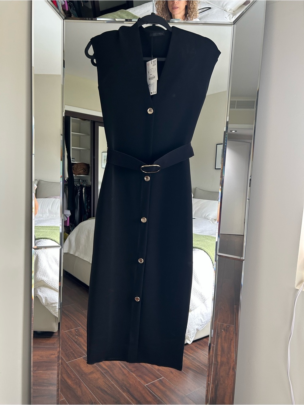 Zara Black Sleeveless Midi Dress with Gold Buttons and Belt